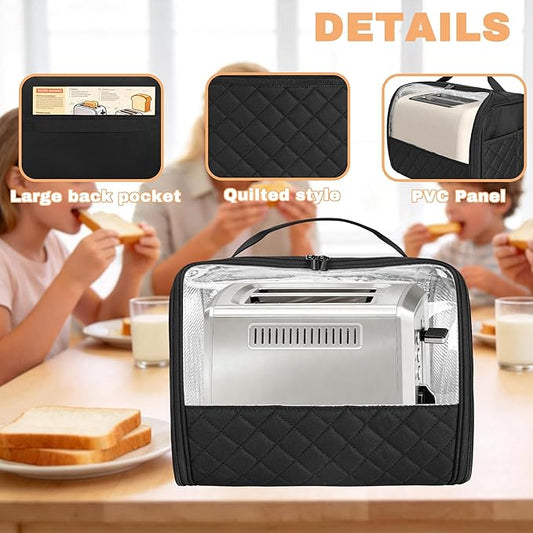 Wide Slot Toaster Cover 2 Slice with Enclosed Bottom and Side Pockets, Bag Compatible with Amazon Basics, Hamilton Beach,Cuisinart, Bella and Other 2 Slice Toaster, Black