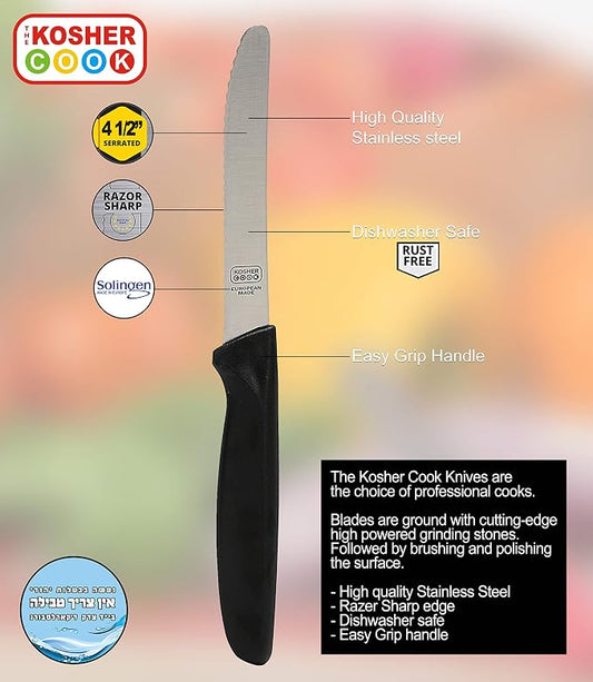 Black Kitchen Knife - 4.5" Steak and Vegetable Knife - Razor Sharp Curved Tip, Serrated Edge - Color Coded Kitchen Tools by The Kosher Cook