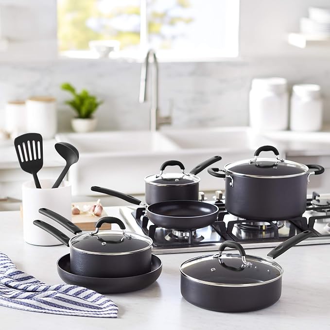 Amazon Basics Non-Stick Cookware Set, Pots and Pans with Lids, Hard Anodized Aluminum, Dishwasher Safe, Oven Safe, Black, 12-Piece