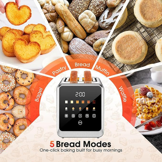 Toaster 2 Slice with Touchscreen, 1.5" Wide Slots & Memory Recall | 900W Stainless Steel Smart Digital Toasters | 6 Shade Settings for Bagels & Thick Bread | Defrost Reheat Single-Slice Mode