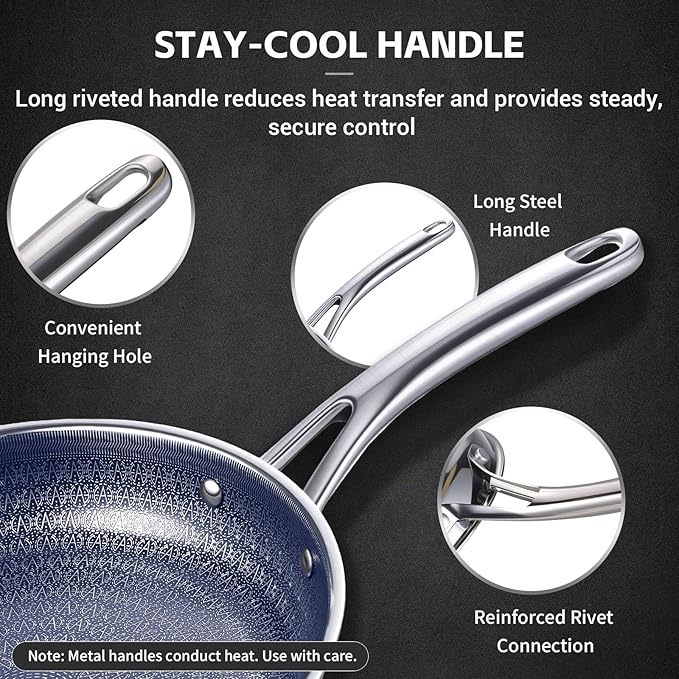 Ammeloo Hybrid Tri-Ply Stainless Steel Frying Pans Set, 8"/9.5"/11" Cooking Pans, Non Stick Frying Pans and Skillets, Chef Pan, Non Toxic, Dishwasher Safe, Induction Compatible, Blue Interior