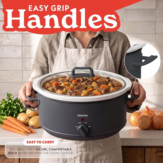 Gourmia Slow Cooker - 7 Quart Removable Ceramic Pot, Manual Controls with 3 Temperature Settings, Dishwasher Safe Crock and Glass Lid, Gray