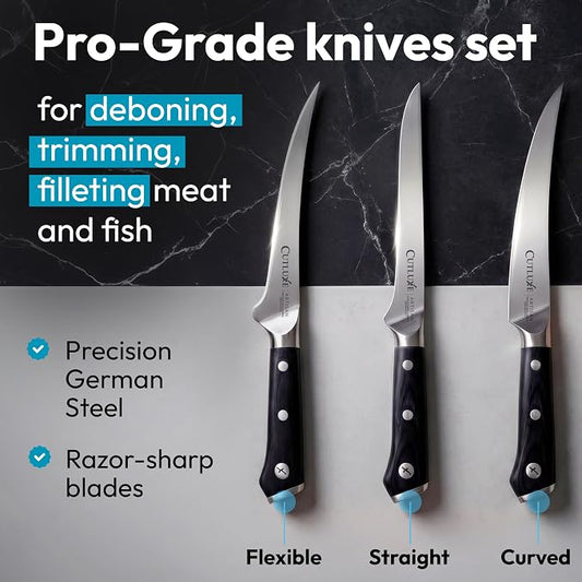 Cutluxe 3-Piece Boning Knife Set – 6" Razor-Sharp Straight, Curved & Flexible Blades, Fillet knife for Fish & Meat Cutting – High Carbon German Steel – Full-Tang Ergonomic Handles – Artisan Series