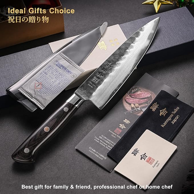 kanngou 8 Inch Chef Knife, Japanese Chefs Knife Black Forged Kitchen Knife with AUS-8 Alloy Steel and Full Tang Pakkawood Handle, Christmas Gift with Premium Box