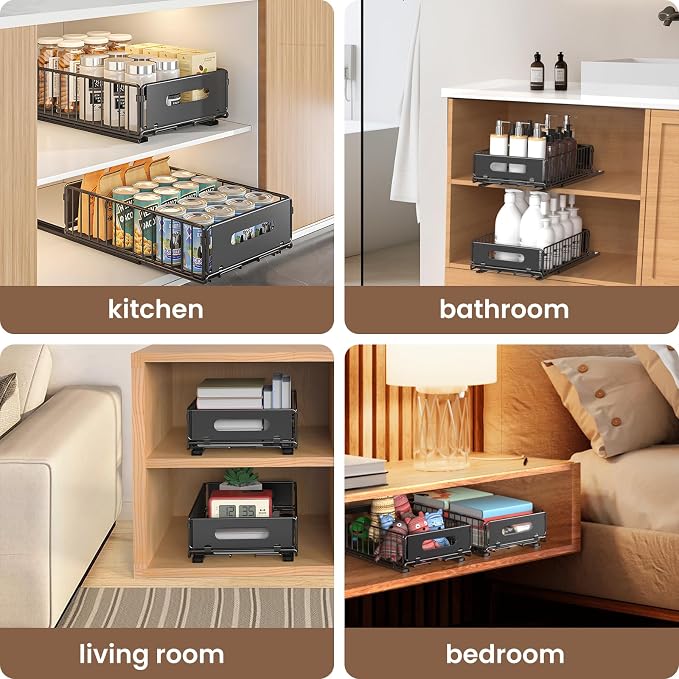 2 Pack Pull Out Cabinet Organizer, Heavy Duty Slide Out Drawer with No Drill Adhesive or Screw Mount, Carbon Steel Roll Out Shelf for Kitchen Cabinet, Pantry & Bathroom Storage
