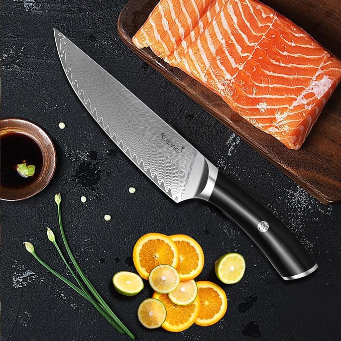 KUISINE Damascus Chef Knife, 8 Inch High Carbon Stainless Steel Ultra Sharp Kitchen Knife with Non-slip Ergonomic Handle, Gift Box for Holiday