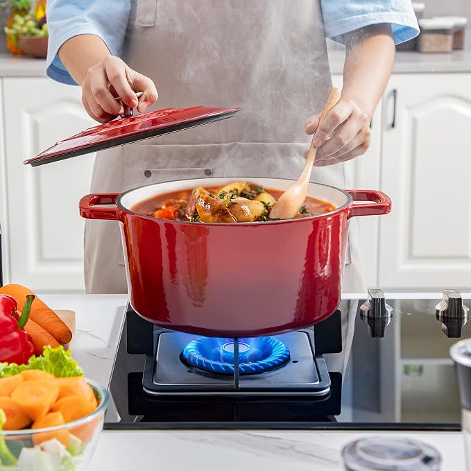 Velaze 6 QT Enameled Cast Iron Dutch Oven, Dual Handles Pot with Lid, Heavy-Duty Non-stick Round Oven for Bread Baking, Stewing, Roasting, Good Sealing for All Heat Source (Red)