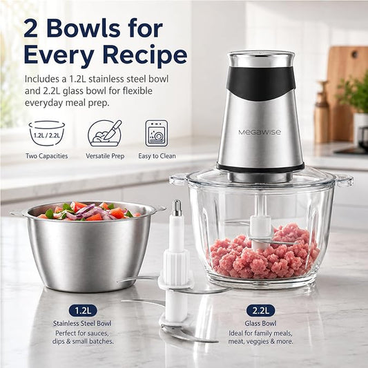 MEGAWISE Electric Food Chopper 800W, Dual-Speed Meat Grinder with1.2L 304# Stainless Steel Bowl & 2.2L Glass Bowl, BPA-Free Food Processor for Meat, Vegetables, and Nuts