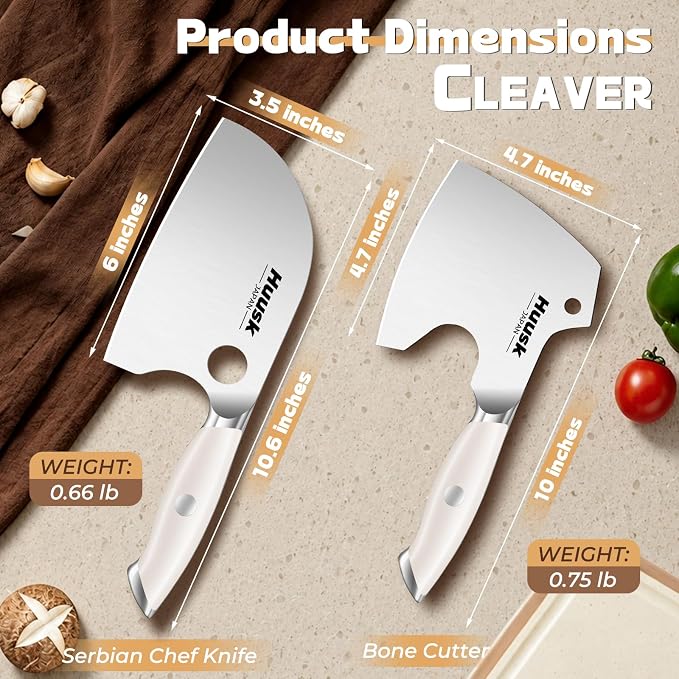 Huusk 2PC Butcher Knife Set - Ultra Sharp Serbian Chef Knife & Full Tang Bone Cleaver with Ivory White Handle, Heavy Duty Japanese Kitchen Axe Premium Gift for Women Men