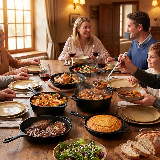 QuliMetal 6 Piece Cast Iron Cookware Set with Dutch Oven | Includes 11 in grill pan, 12 in skillet, 5QT Dutch oven, 3.2QT Dutch oven and 1.6QT skillet lid for home cooking.