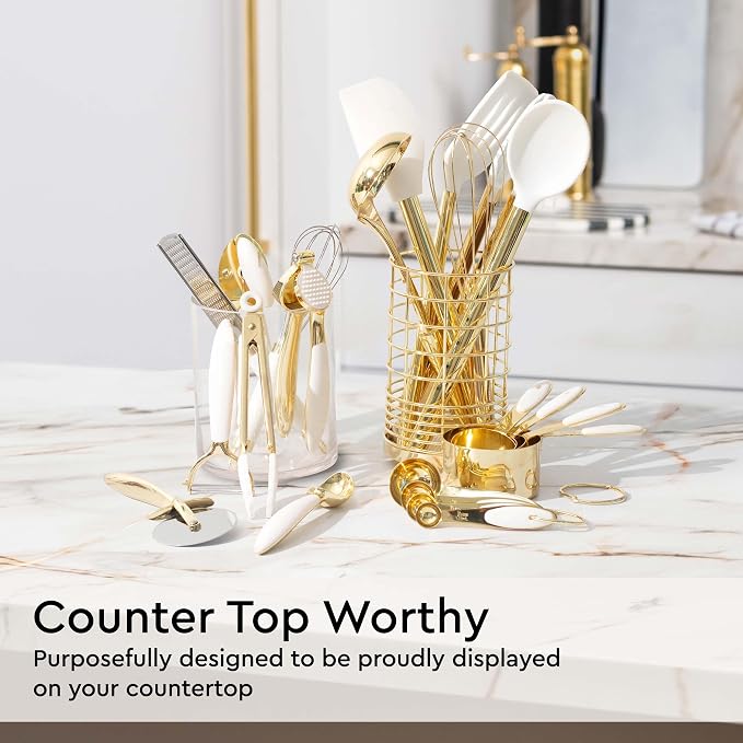 White and Gold Kitchen Utensils Set - 23-Piece Gold Kitchen Accessories Include Measuring Cups and Spoons Set, Silicone Utensils, and Utensil Holder for Baking, Cooking, and Stylish Kitchen Decor