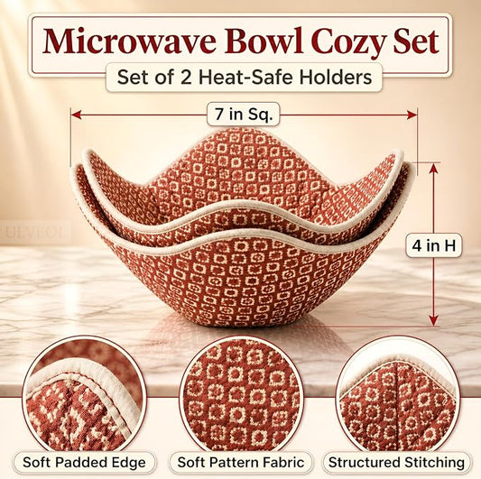 Set of 2 Microwave Bowl 4x7x7 Inch Polyester Cloth Hot Pads with Red Pattern - Multipurpose Heat Resistant Plate Holders - Ramen Pot Cozy or Soup - Pot Holder Microwavable Bowl Cozies for Food