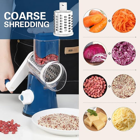 Cambom Rotary Cheese Grater Hand Crank Cheese Shredder for Fresh Cheese, Vegetable, Nuts,Non-slip Suction Base,Three Blades,Dark Blue