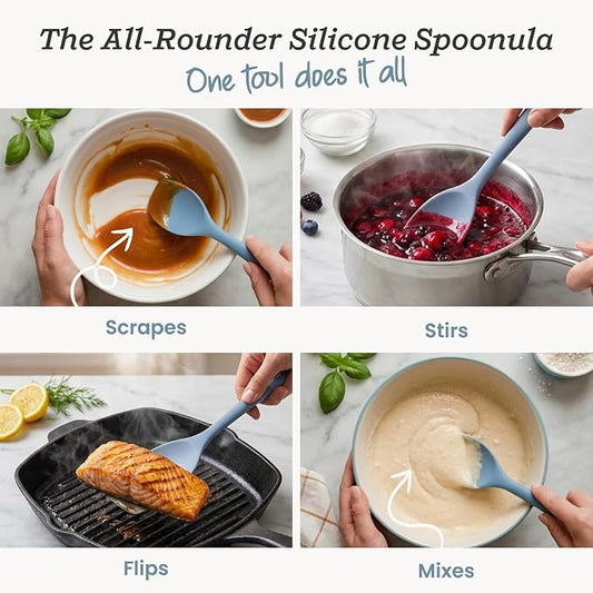 StarPack Silicone Spoonula The All-Rounder 11 Inch - LFGB Spoon Spatula, 600°F Heat Resistant, BPA-Free - One-Piece Seamless, Dishwasher Safe - for Nonstick Cookware, Light Blue