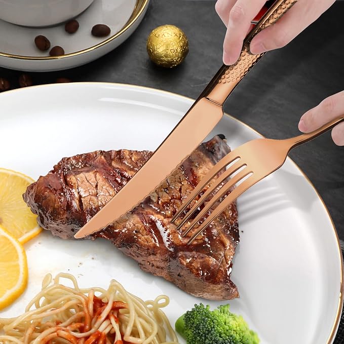 Lemeya 20-Piece Hammered Rose gold Silverware Set for 4,18/10 Stainless Steel Flatware Set with Serrated Forged Knives,Heavy Duty Cutlery Set for Home & Party,Mirror Polished, Dishwasher Safe