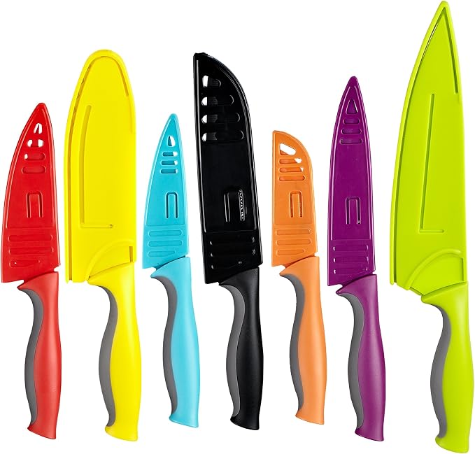 Cook N Home Basics Cutlery Kitchen Knife Set, Coated Carbon Stainless Steel Knife Set with Sheaths, Non-stick Sharp Blades, Multicolor, 14-Piece with Ergonomic Handles