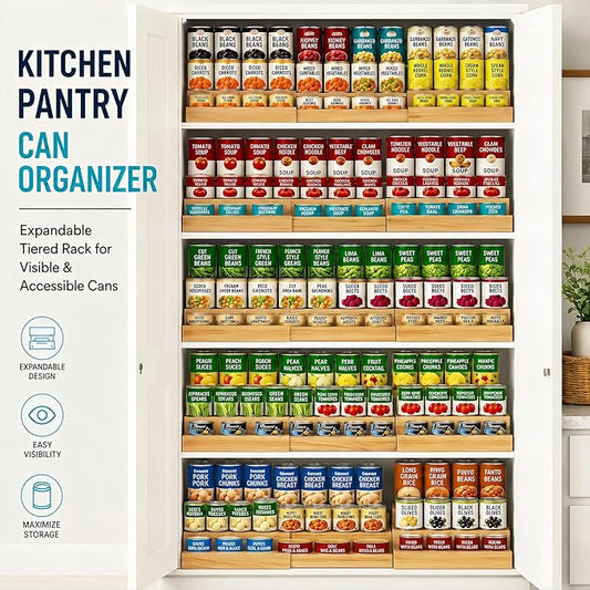Expandable 3-Tier Wooden Can Organizer for Pantry, Adjustable Shelf Holds 24 Cans, Storage Rack for Cabinet & Countertop, Space Saving Pantry Organizer for Small Kitchens and Apartments
