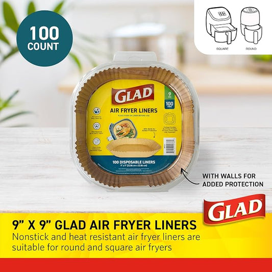 Glad Air Fryer Liners with Raised Walls, Nonstick Parchment, Heat Resistant to 446 Degrees F, Food-Grade, Rounded Square Shape, Fits Square and Round Air Fryers, 9", 100 Count