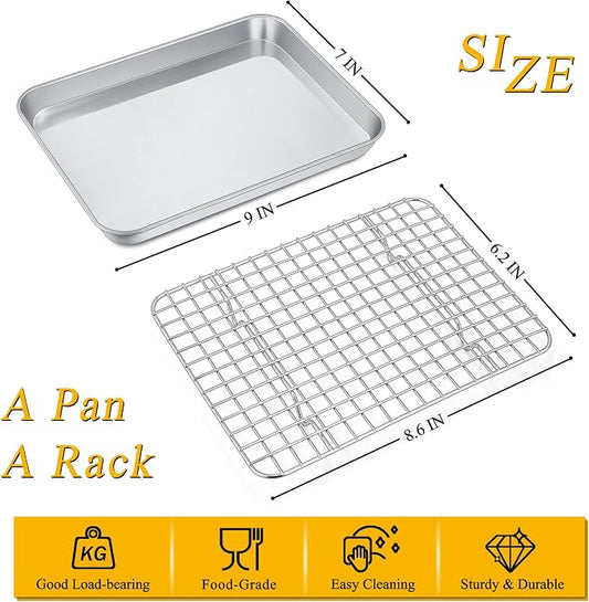 P&P CHEF 9 Inch Toaster Oven Pan with Rack Set, Stainless Steel Baking Pan Tray and Grid Cooling Rack for Cooking/Roasting, Dishwasher Safe & Easy to Clean, Non-toxic & Sturdy, (2Pcs)