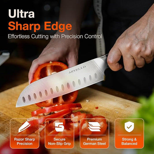ARVELLO Santoku Knife - 7-Inch Japanese-Style All Purpose Knife for Home Cooks & Professional Chefs - German High Carbon Stainless Steel Blade, Full Tang, G10 Handle, Ultra-Sharp Edge