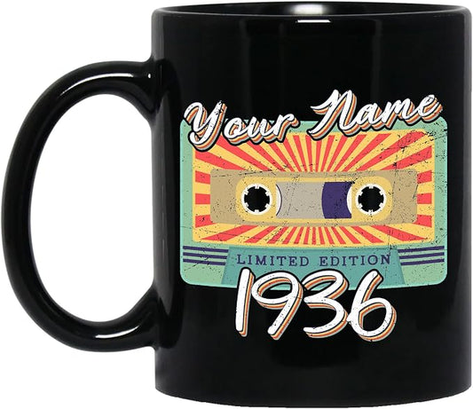 Personalized Vintage Cassette Tape Vintage 1936 Mug, Custom Your Name, 1936 Retro Coffee Mug, 86th Birthday Present Gifts, 1936 Birthday Gift For Friends Family, Customizable Black Tea Cups