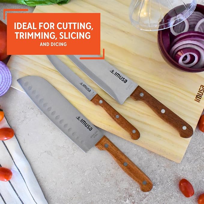 IMUSA 3pc Knife Set with Wood Handle, 8” Chef Knife, 7” Santoku Knife & 5” Utility Knife, Sharp Kitchen Knives for Cooking, Stainless Steel Blade