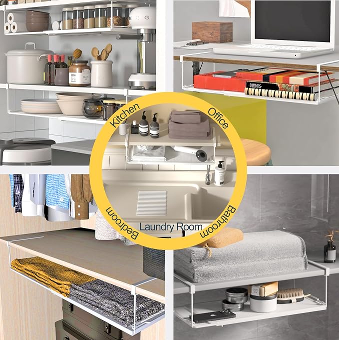 2 Pack Hanging Under Shelf Storage Basket Organizer,Expandable Under Shelf Storage,Metal & White,Heavy Duty Slide-in Storage Baskets,Space Saving for Cabinet,Desk,Pantry,Kitchen