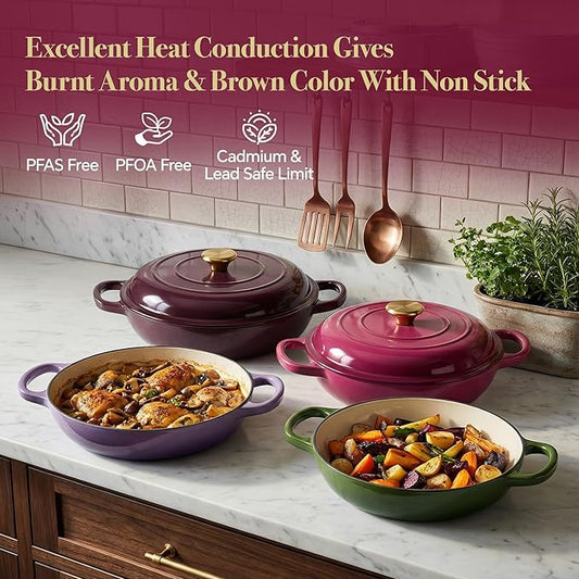 3 Quart Enameled Cast Iron Braiser, Non Stick Enameled Cast Iron Skillet with Lid, Dutch Oven Skillet with lid up to 500°F for Oven, Stove, Grill, Shallow Dutch Oven for Cook, Bake (Rose)