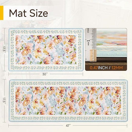 Anti Fatigue Kitchen Mats 2PCS Thick Non Slip Cushioned Rugs Blue Abstract Floral Waterproof Comfort Standing Mats for Floor Sink Laundry Office 17.3"×47"+17.3"×30"
