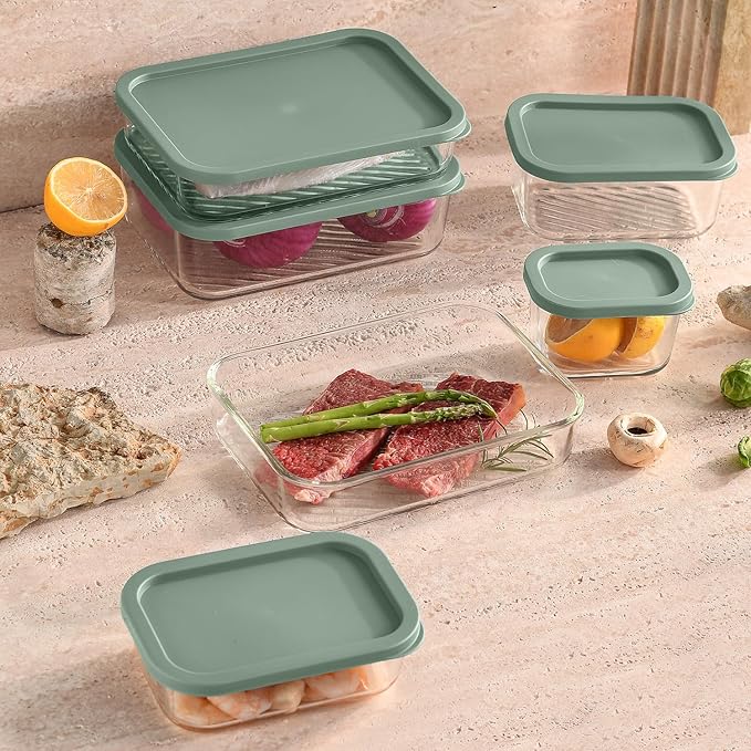 EATEX Grooved Base Glass Meal Prep Containers, 6 Pack Glass Storage Containers with Lids for Meal Prep & Lunch, Microwave Oven Freezer Dishwasher Safe, Anti Moisture Non-Stick Design - Sage Green