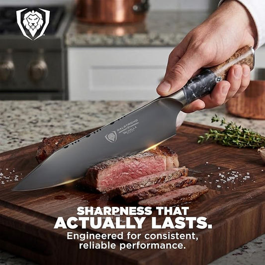 DALSTRONG Chef Knife - 8 inch - Valhalla Series - Ravenstone Black Blade Titanium Coated - Premium 9CR18MOV HC Steel - Resin & Wood Handle - Razor Sharp - Kitchen Cooking Chef's Knife - Leather Sheath
