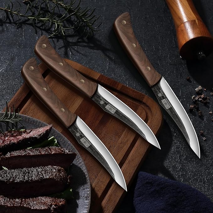 HOSHANHO Steak Knives Set of 6, Ultra Sharp 4.5 Inch Non Serrated Steak Knife Set, Hand Forged High Carbon Steel Dinner Steak Knives with Full Tang Wood Handle