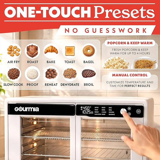 Gourmia French Door Air Fryer Oven - 37 Qt Large Capacity Convection Toaster Oven, FryForce 360ยฐ, Digital Display, 12 Cooking Presets, Dehydrate, Fits 13โ Pizza, Dishwasher-Safe, White