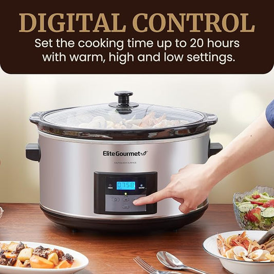Elite Gourmet Stainless Steel Slow Cooker, Dishwasher-Safe with Tempered Glass Lid, Cool-Touch Handles, Removable Stoneware Pot, 8.5 Quart,MST-900V