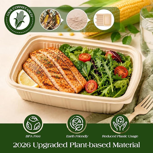 100 Piece (50 Pack) Meal Prep Containers with Lids, 28 oz Cornstarch Food Storage Containers Plant-based Lunch Box for Salad,BPA Free Plastic Take Out Containers Microwave and Freezer Safe