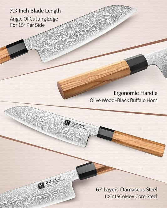 XINZUO 7.3 Inch Santoku Knife, Hand Forged 67 Layers Damascus Super Steel Chef Knife, Japanese Chopping Knife Ultra Sharp, Professional Kitchen Knife with Olive Wood Octagonal Handle