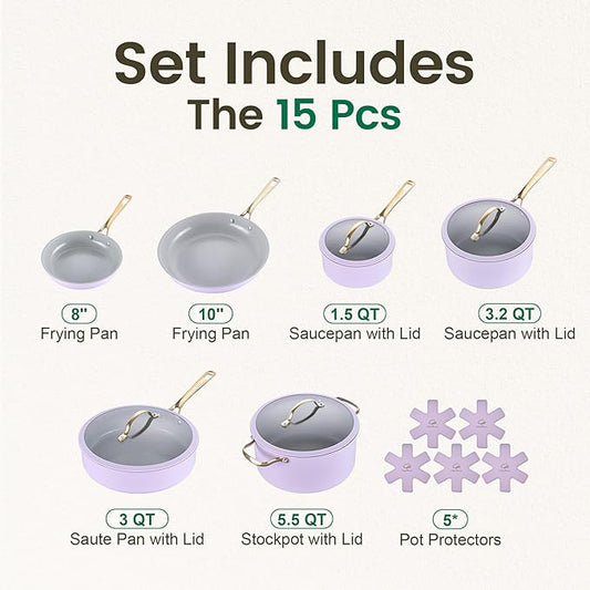 Chef Power Ceramic Cookware Sets, Pots and Pans Set Non Stick, Cookware Set with Stainless Steel Handle, Dishwasher & Oven Safe Purple 15Pcs Set