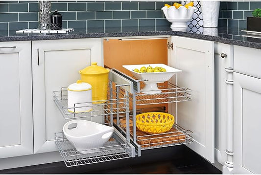 Rev-A-Shelf Chrome Two-Tier Wire Bottom Pullout Organizer for Blind Corner Base Kitchen Cabinets, Adjustable 4-Basket Storage System, Min Opening Width of 15", 5PSP-15-CR