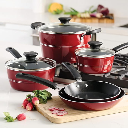 Tramontina Sicilia 8-Piece Non Stick Cookware Set with Glass Lids, Aluminum Nonstick Pots and Pans Kitchen Set (Raspberry)