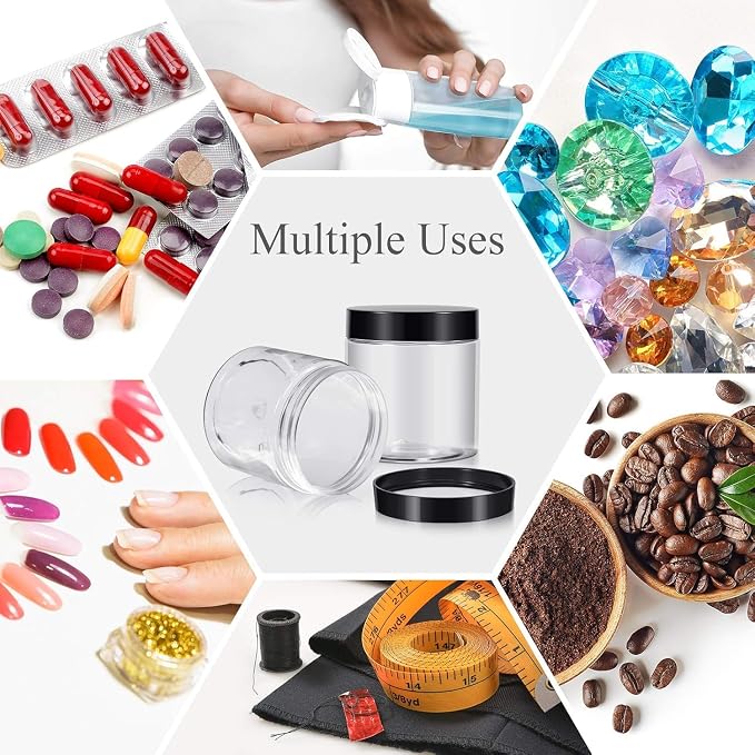24 Pieces Empty Clear Plastic Jars with Lids Round Storage Containers Wide-Mouth for Beauty Product Cosmetic Cream Lotion Liquid Butter Craft and Food (Black Lid, 8 oz)