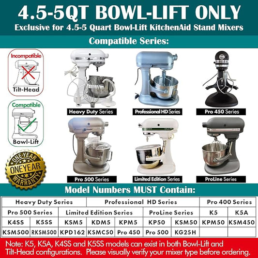Stainless Steel Flat Beater - Compatible with KitchenAid 4.5-5qt Bowl-Lift Mixer, Fits Heavy Duty, Professiona HD, Pro 450, Pro 500, Limited Edition, ProLine Series, K5A, K4SS, K5SS, KSM5, KSM50
