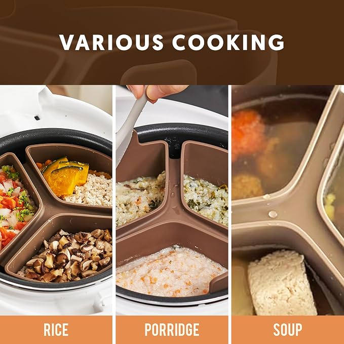 Silicone Rice Cooker Divider, Triple Slow Cooker Liner for Instant Pot 6 Quart & Rice Cooker 3 Cups (Uncooked), Food-Grade Silicone Dividers, Cook 3 Meals at Once, Reusable & Dishwasher-Safe
