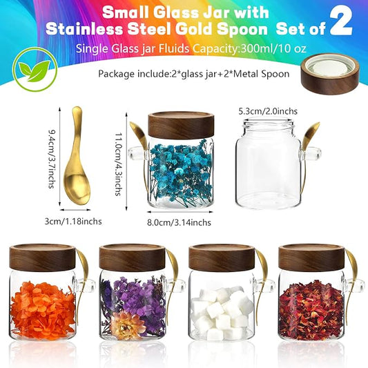 10 oz Glass Jars Set of 2, Spice Jar Round Storage Canister with Airtight Wooden Lid Clear Glass Food Jar for Pantry Sugar Tea Coffee Bean Spice Cookies Bath Salts (10oz/300ml-2 pack-with spoon)