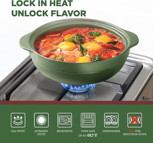 MINH LONG 1-Qt Porcelain Dutch Oven with Lid – Lead & Cadmium Free, Oven Safe to 482°F, Heat Retention, Clay Pot for Cooking on Gas & Infrared Cooktop, Use to Marinate, Cook, Bake, Refrigerate & Serve