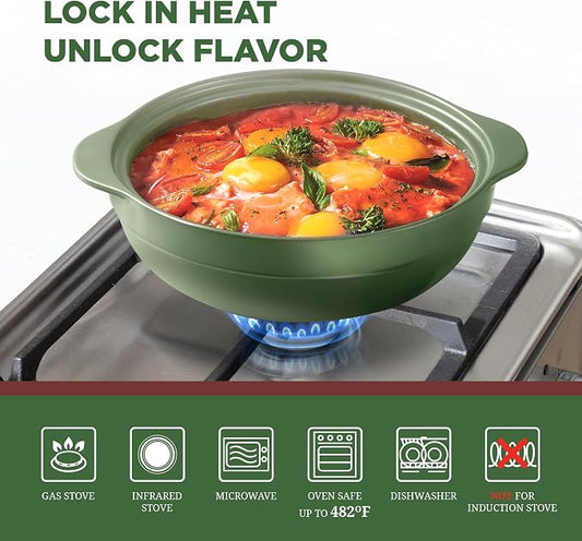 MINH LONG 3-Qt Porcelain Dutch Oven with Lid – Lead & Cadmium Free, Oven Safe to 482°F, Heat Retention, Clay Pot for Cooking on Gas & Infrared Cooktop, Use to Marinate, Cook, Bake, Refrigerate & Serve