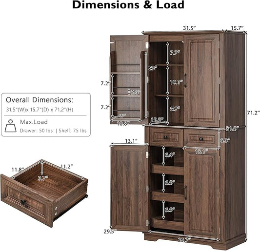 VilroCaz Wooden 71" H Kitchen Pantry Cabinet with 3 Pull Out Cabinet Organizers, Freestanding Cupboard Storage Cabinet with 4 Doors and 2 Drawers, Farmhouse Embossed Texture Design (Brown-5.K)