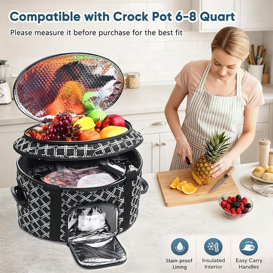 BAGSPRITE Double-layer Slow Cooker Carrying Case for Crock Pot 6-8 Quart, Insulated Crockpot Carrier with Adjustable Lid Straps,Portable Slow Cooker Travel Bag for Potluck, Parties, Family Gatherings