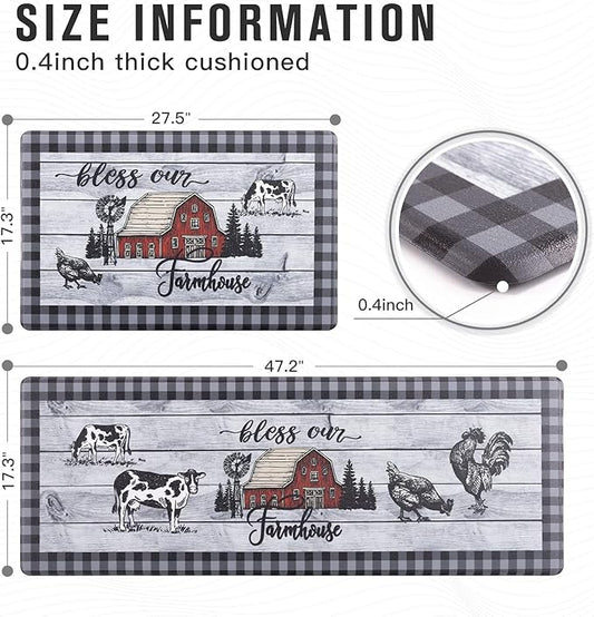 Carvapet Kitchen Floor Mats 2Pcs, Anti Fatigue Kitchen Rugs and Mats Farmhouse Plaid Farmhouse Non-Skid Cushioned Floor Comfort Mat for Kitchen, Doorway, Sink, Laundry, 17"x27"+17"x47"
