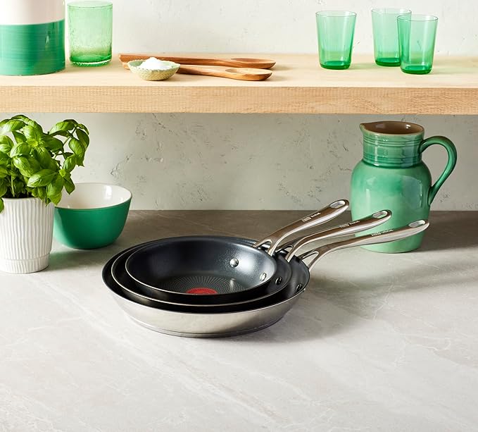 T-Fal x Jamie Oliver Nonstick Coated Stainless Steel Pans 8", 9.5" & 11", Frypan Set Induction Compatible, Oven Safe up to 500°F, Chef's Stainless Steel Skillet, Frying Pan, Silver