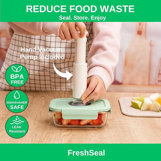 Glass Vacuum Sealable Container Set 6 Containers, 10 Bags, Hand Pump